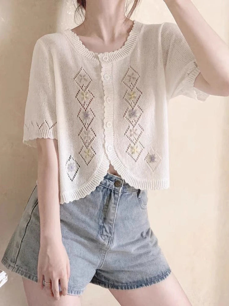 Kawaii Cute Floral Embroidery  Cardigan Women Thin Hollow Out Knitted Cardigans 2025 Summer Sweet O-neck Sweater Loose Tops