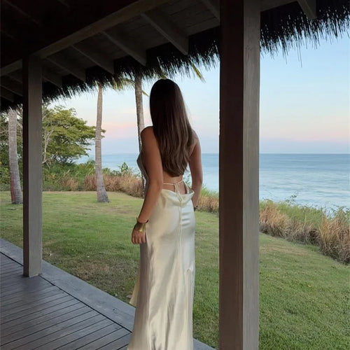 Load image into Gallery viewer, Satin Deep V Neck Backless Sexy Maxi Dress Women Elegant Halter Sleeveless Lace-up High Waist Draped Ruched Long Dress
