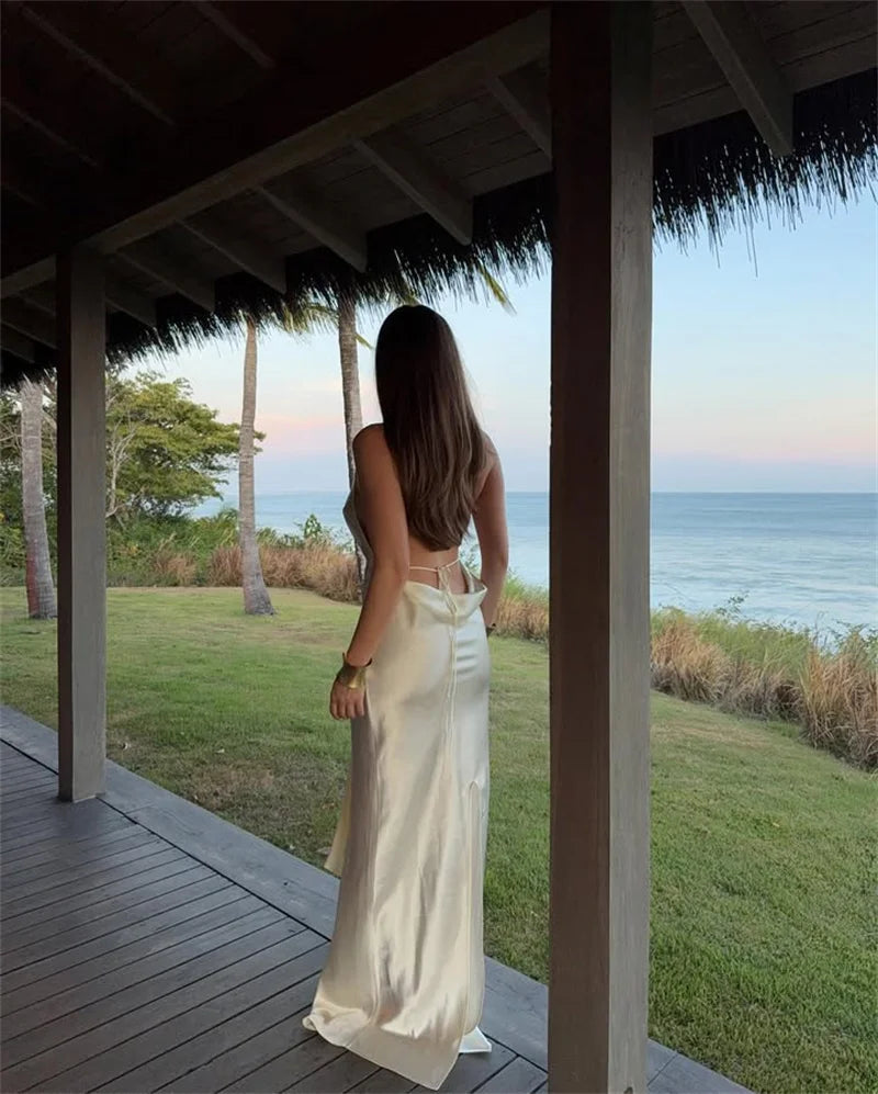 Satin Deep V Neck Backless Sexy Maxi Dress Women Elegant Halter Sleeveless Lace-up High Waist Draped Ruched Long Dress