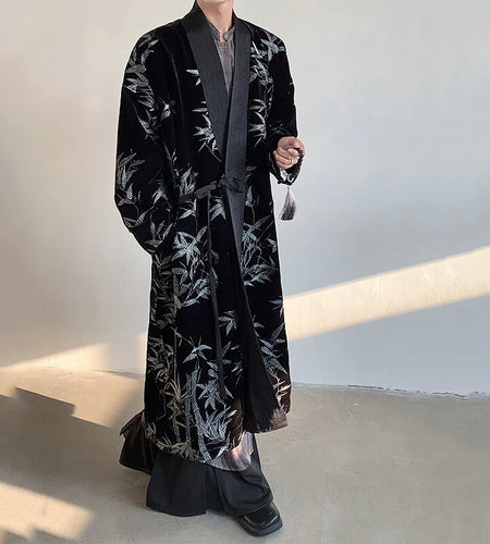 Men's Trench Coat Spring Embroidered Silver Bamboo Decoration New Chinese Style Stand Collar Handsome Male Clothing 9W1706