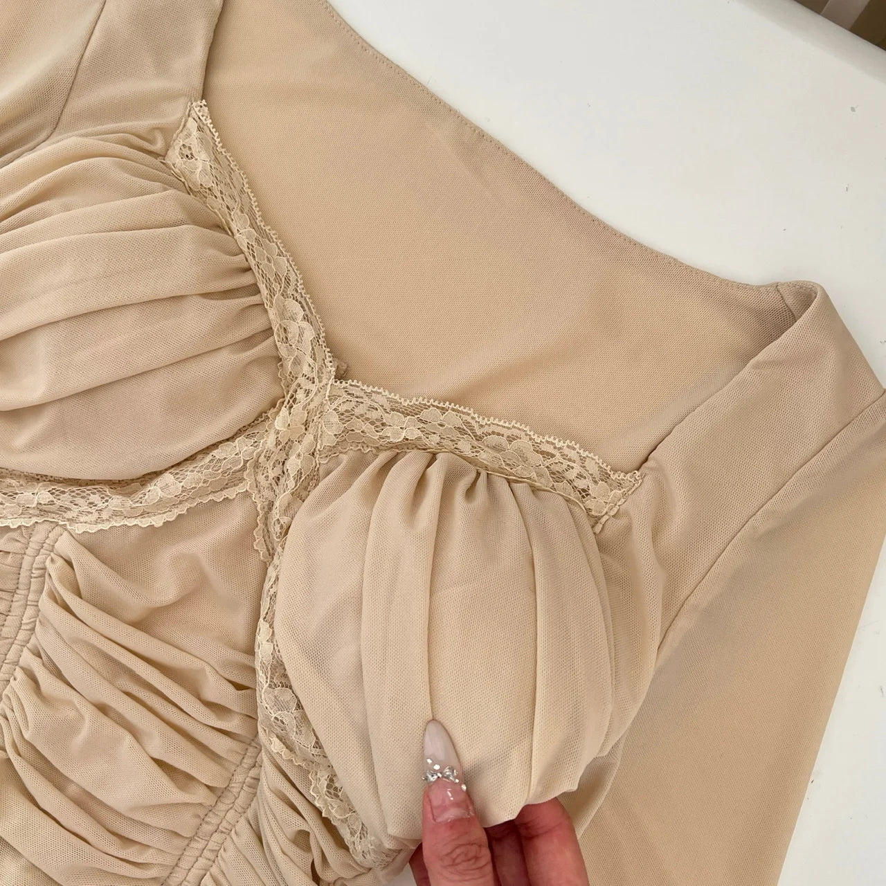 Vintage Fashion Khaki Elegant Lace Mesh Pleated Tops French Autumn Brown Square V Neck Chic Long Sleeve Festival Short T Shirt