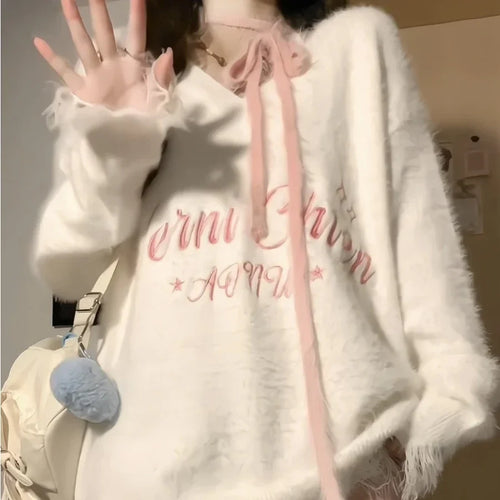 Load image into Gallery viewer, New Sexy Fashion Streetwear Outfits 2025 Spring Autumn Ripped Loose Women Pullover Y2k Aesthetic Letter Embroidery Grunge Tops
