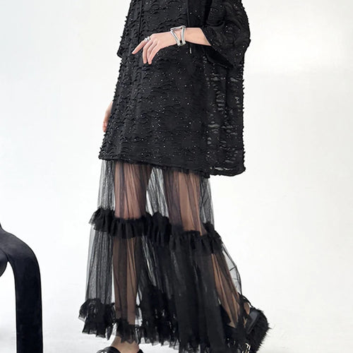 Load image into Gallery viewer, Women Black Jacquard Perspective Big Size Casual T-shirt New Hooded Half Sleeve Fashion Tide Spring Summer 2025 1DJ1160
