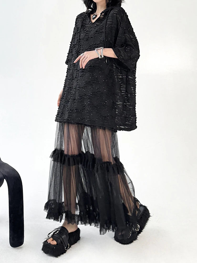 Women Black Jacquard Perspective Big Size Casual T-shirt New Hooded Half Sleeve Fashion Tide Spring Summer 2025 1DJ1160