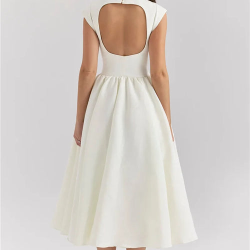 Load image into Gallery viewer, White Backless A-line Sexy Maxi Dress For Women Gown Solid Hollow Out Sleeveless High Waist Club Pleated Dress Elegant
