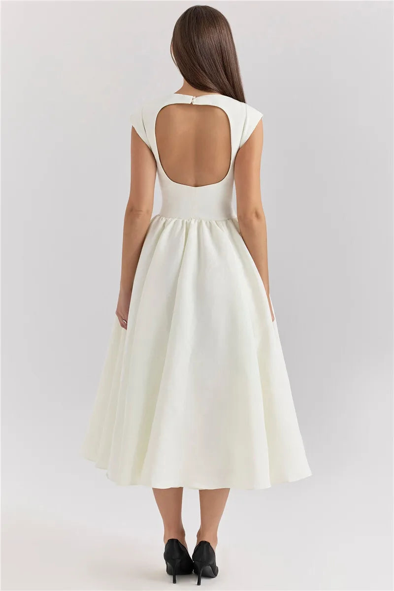 White Backless A-line Sexy Maxi Dress For Women Gown Solid Hollow Out Sleeveless High Waist Club Pleated Dress Elegant
