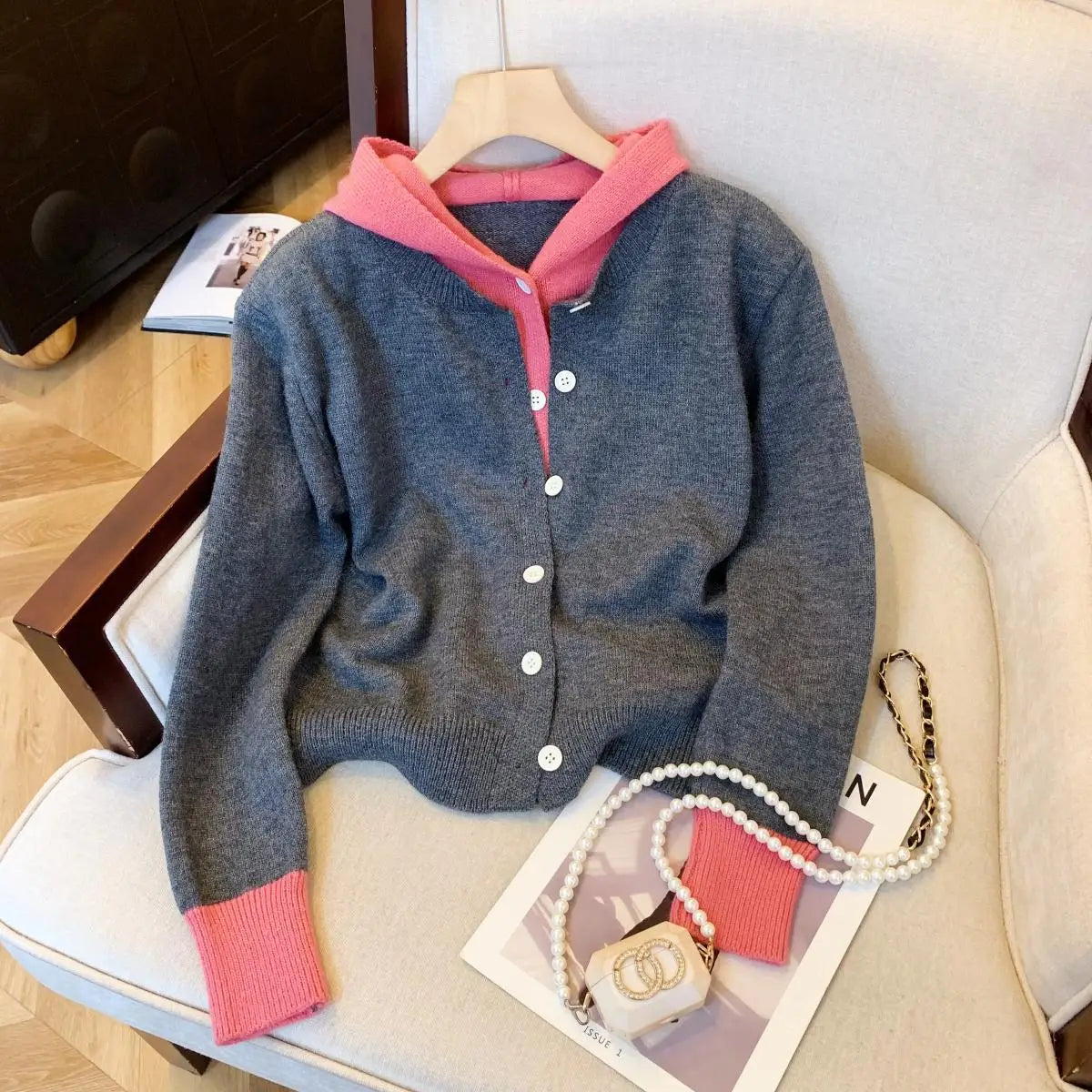 Korean Style Women's Patchwork Elegant Long Sleeve Knitted Tops Autumn Winter Vintage Single Breasted Hooded Sweater 2024 Trendy