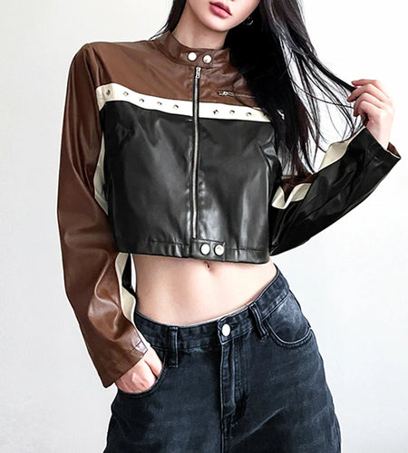 Moto&Biker Style Punk Autumn Zip Up Jacket Women Patchwork Harajuku PU Leather Coat Crop Contrast Color Retro Outwear