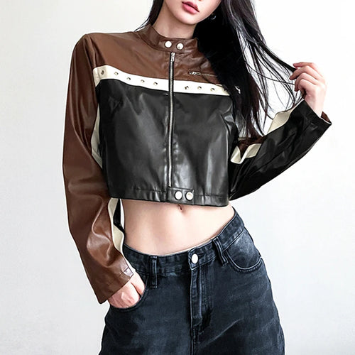 Load image into Gallery viewer, Moto&amp;Biker Style Punk Autumn Zip Up Jacket Women Patchwork Harajuku PU Leather Coat Crop Contrast Color Retro Outwear
