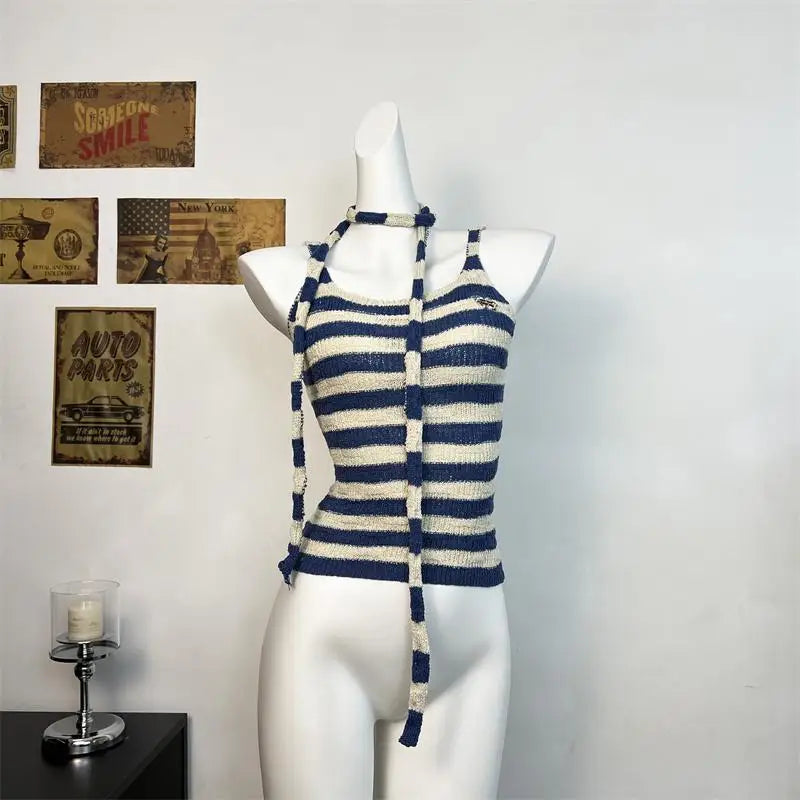 Retro Women's Summer Purple Striped Slim Sexy Knit Vest Tops Korean Ladies Blue Patchwork Sleeveless Short Pullover Tank Popular
