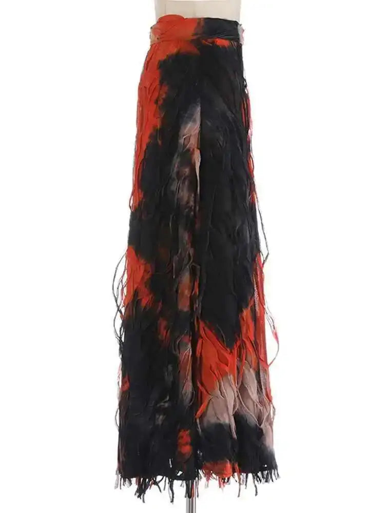 High Elastic Waist Orange Tie Dye Irregular A-line Half-body Skirt Women Fashion Tide New Spring Autumn 2025 1DH5392