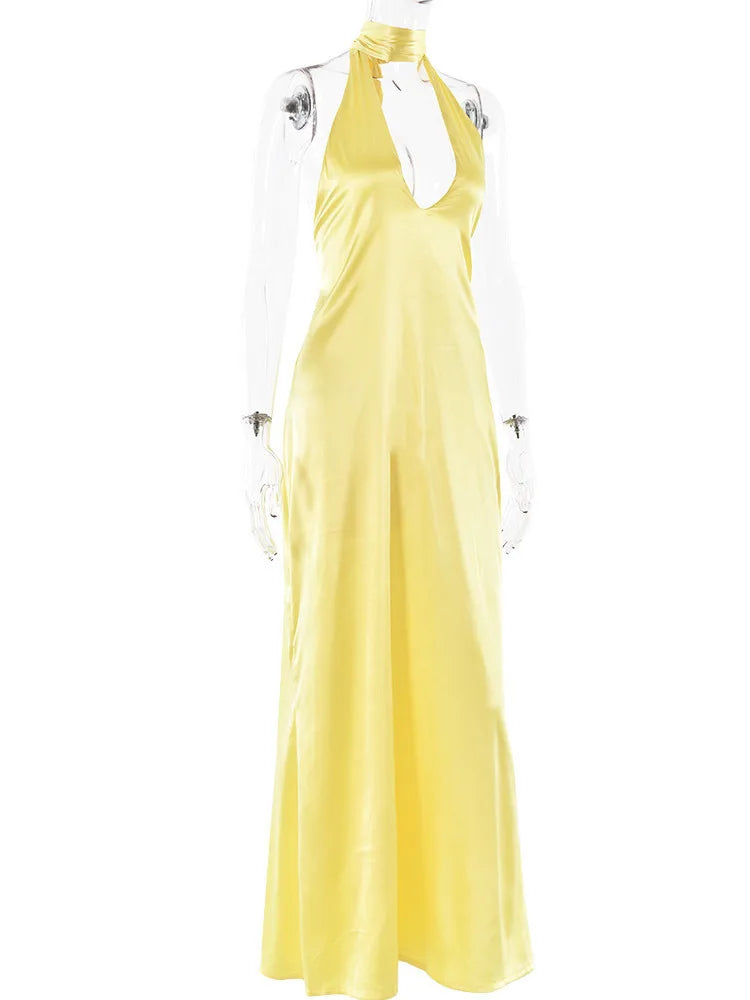 Sexy Sleeveless Satin Open Back Dress For Women Deep V Lace Up Slim Fit Evening Dress Female Elegant Party Club Vestidos