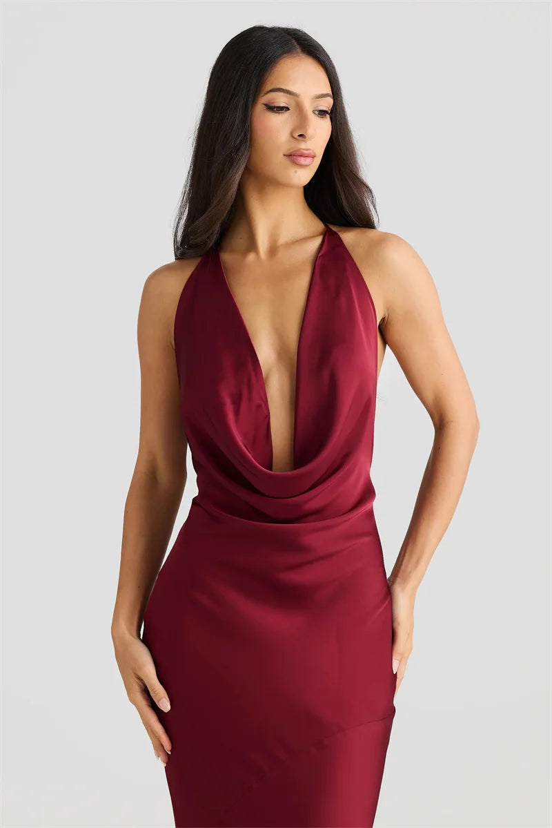 Satin Halter Backless Sexy Maxi Dress Women Gown Elegant Solid Sleeveless Lace-up High Waist Evening Club Long Dress