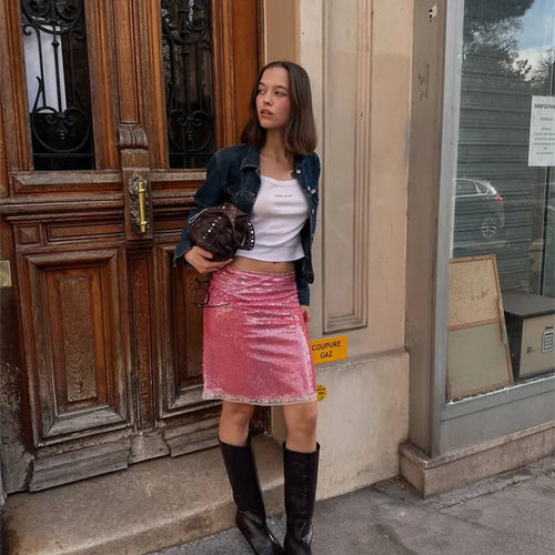 Load image into Gallery viewer, Sequin Summer Beach Sexy Skirt Women Elegant Sparkle High Waist A-line Skirts Female Pink Vacation Club Party Skirt
