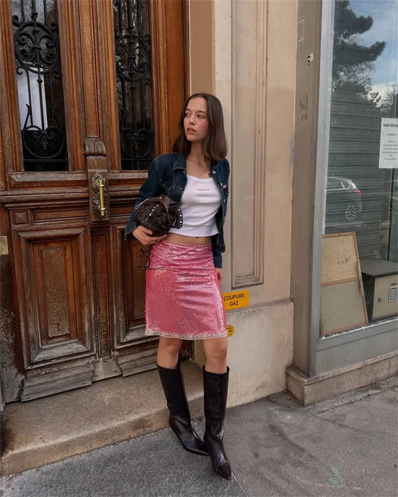 Sequin Summer Beach Sexy Skirt Women Elegant Sparkle High Waist A-line Skirts Female Pink Vacation Club Party Skirt