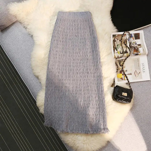 Load image into Gallery viewer, Women Solid Straight Slim Knitted Midi Skirt 2023 Autumn Winter Vintage Elegant Elastic High Waist Tassel Wrap Hip Skirts Female
