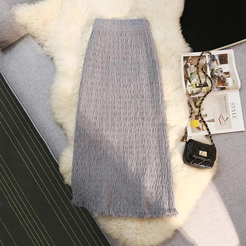 Women Solid Straight Slim Knitted Midi Skirt 2023 Autumn Winter Vintage Elegant Elastic High Waist Tassel Wrap Hip Skirts Female