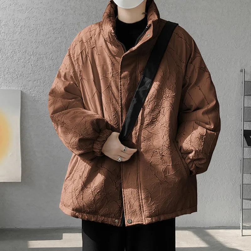 Print Stand Collar Men's Cotton Coat Zipper Solid Color American Style Thickened Male Padded Jacket Autumn Winter 9C8851