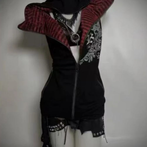 Load image into Gallery viewer, Harajuku Casual Women Printing Vest Coat Grunge Streetwear Sleeveless Patchwork Hooded Coats Y2k Aesthetic Zipper Pocket Jackets
