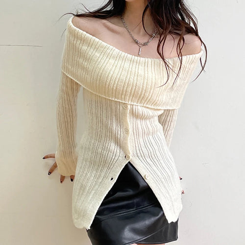 Load image into Gallery viewer, Korean Fashion Off Shoulder Knitted Sweater Women Autumn Buttons Coquette Clothes Basic Knitwears Pullover Outwear
