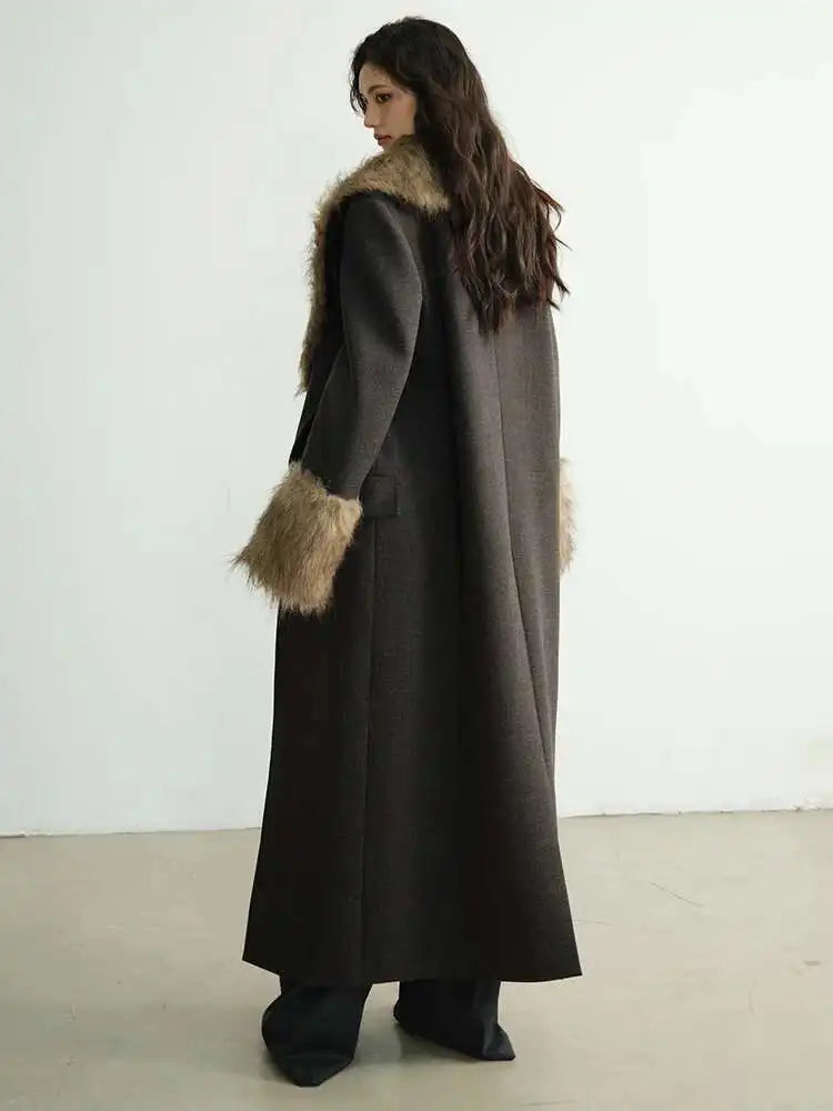 Women Dark Gray Detachable Fur Collar Big Size Thick Long Blazer New Long Sleeve Jacket Fashion Autumn Winter 2025 1DH8271