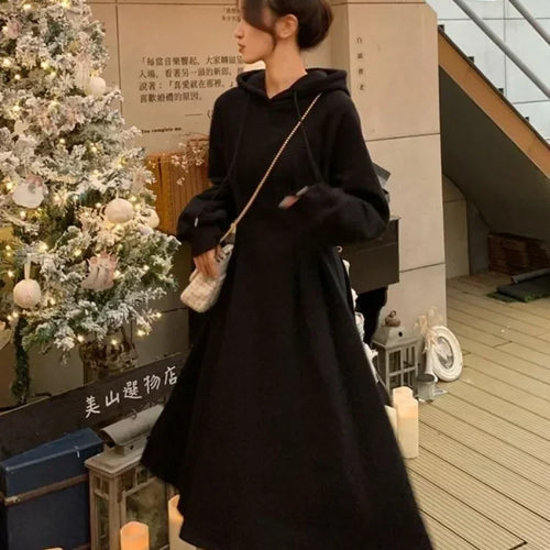 Load image into Gallery viewer, Korean Casual Hooded Dress Women Kpop Streetwear School Student Long Sleeve Midi Dresses Autumn Spring
