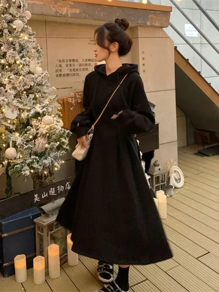 Korean Casual Hooded Dress Women Kpop Streetwear School Student Long Sleeve Midi Dresses Autumn Spring