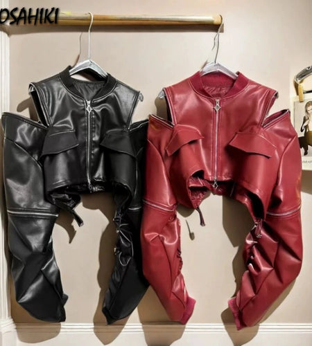 2025 Y2k Aesthetic PU Leather Jacket Womens Streetwear Pleated Grunge Solid Jackets Loose Harajuku Zipper Female Punk Crop Coat