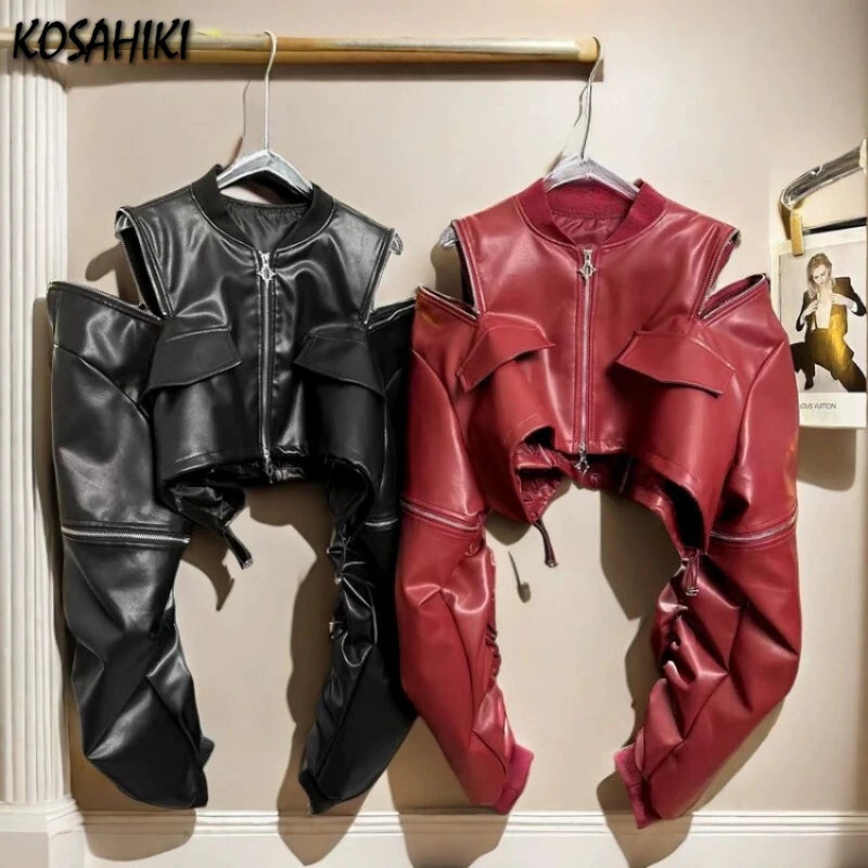 2025 Y2k Aesthetic PU Leather Jacket Womens Streetwear Pleated Grunge Solid Jackets Loose Harajuku Zipper Female Punk Crop Coat