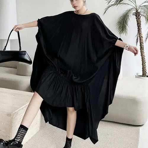 Load image into Gallery viewer, Women Black Pleated Irregular Big Size Long Dress New Round Neck Half Sleeve Fashion Tide Spring Summer 2025 1DH6284
