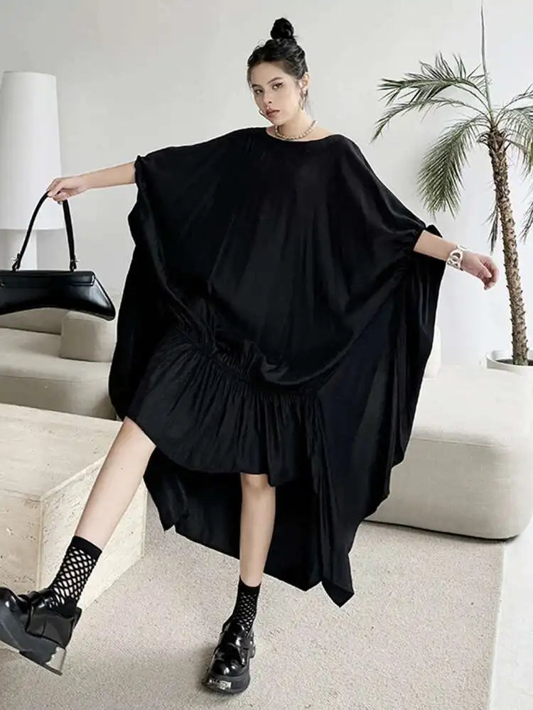 Women Black Pleated Irregular Big Size Long Dress New Round Neck Half Sleeve Fashion Tide Spring Summer 2025 1DH6284