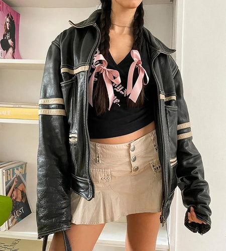 Streetwear Loose Stripe Stitched Leather Jacket Female Autumn Winter Zip Up Coat Vintage Motorcycle Jackets Outwear