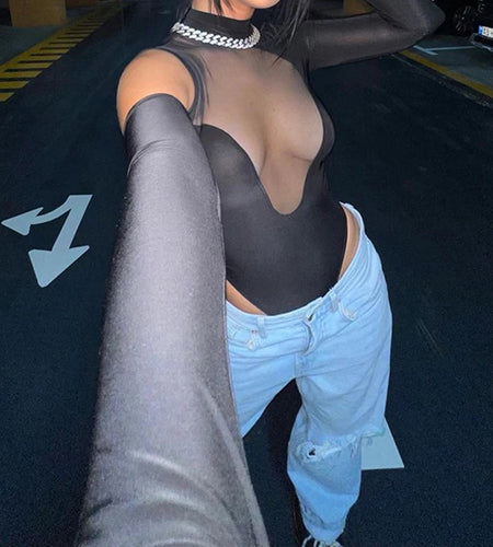 Fashion Party Sexy Bodysuit Black Skinny Mesh Patchwork Transparent One Piece Bodies Catsuit Club Turtleneck Rompers