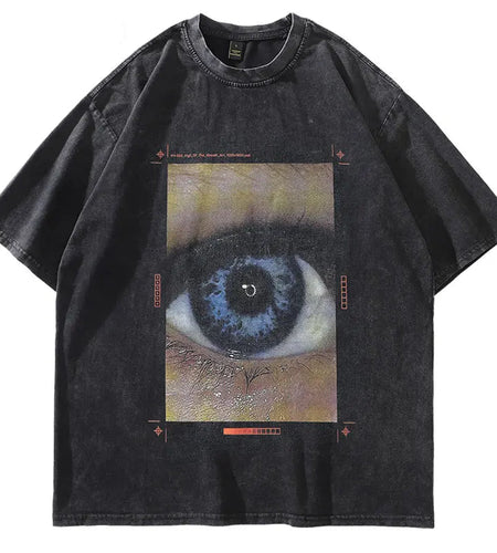 Vintage Oversized T-Shirt Eye Graphic Print Punk Gothic Washed Tshirt Streetwear 2024 Men Hip Hop Harajuku Loose Black Tops Tee