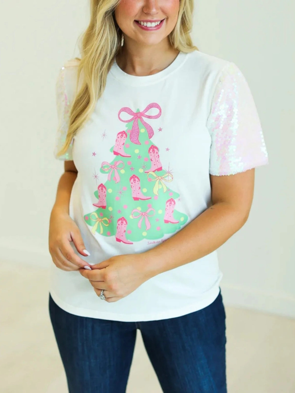 Christmas T Shirts y2k Women Gingerbread Bow Print Round Neck Sequins Short Sleeve Tops Club Party Clothes Streetwear