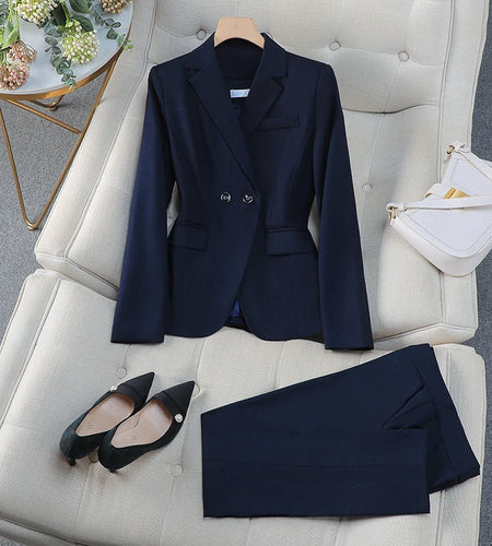 Autumn Winter 2024 New Black Gray Purple Elegant Double Breasted Blazer Top And Women High Waist Ankle-length Pant Two Piece Set