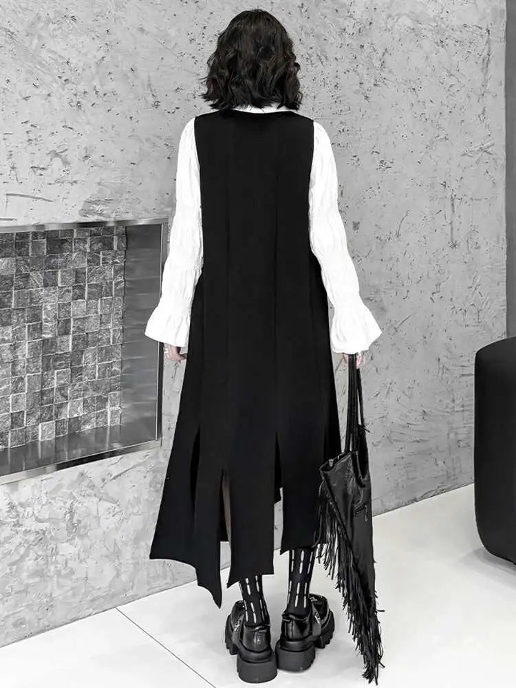 Women Black Irregular Ribbons Big Size Strap Dress New Round Neck Sleeveless Fashion Tide Spring Autumn 2025 1DH8059