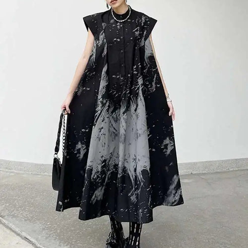 Load image into Gallery viewer, Women Black Pattern Printed Big Size Midi Shirt Dress New Stand Collar Sleeveless Fashion Tide Spring Summer 2025 1DH5837
