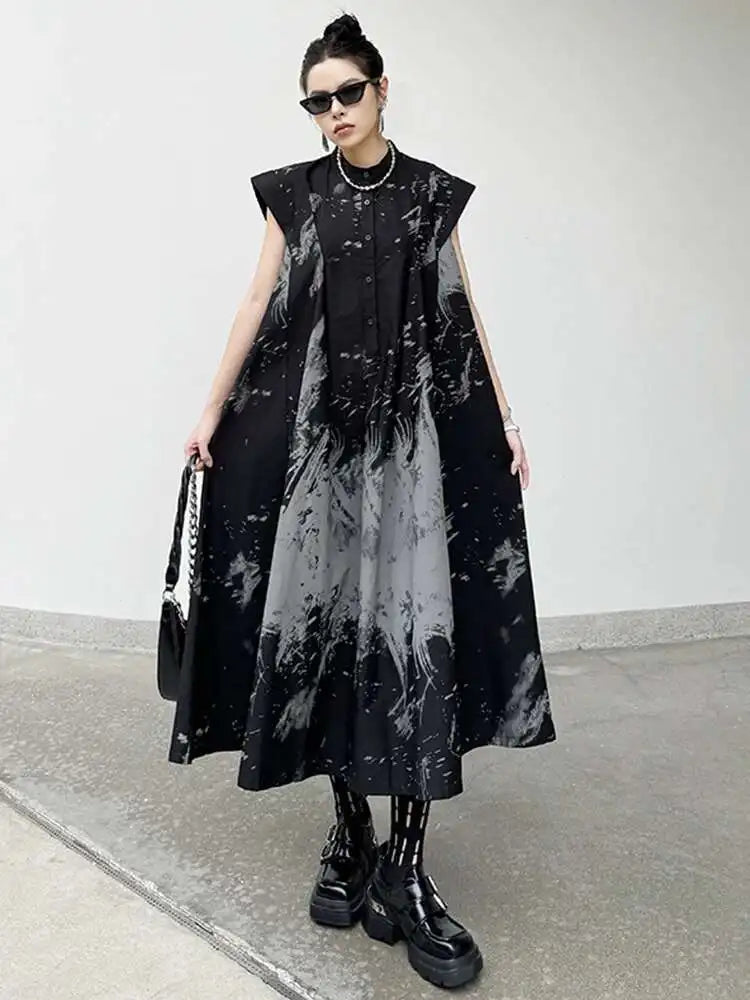 Women Black Pattern Printed Big Size Midi Shirt Dress New Stand Collar Sleeveless Fashion Tide Spring Summer 2025 1DH5837