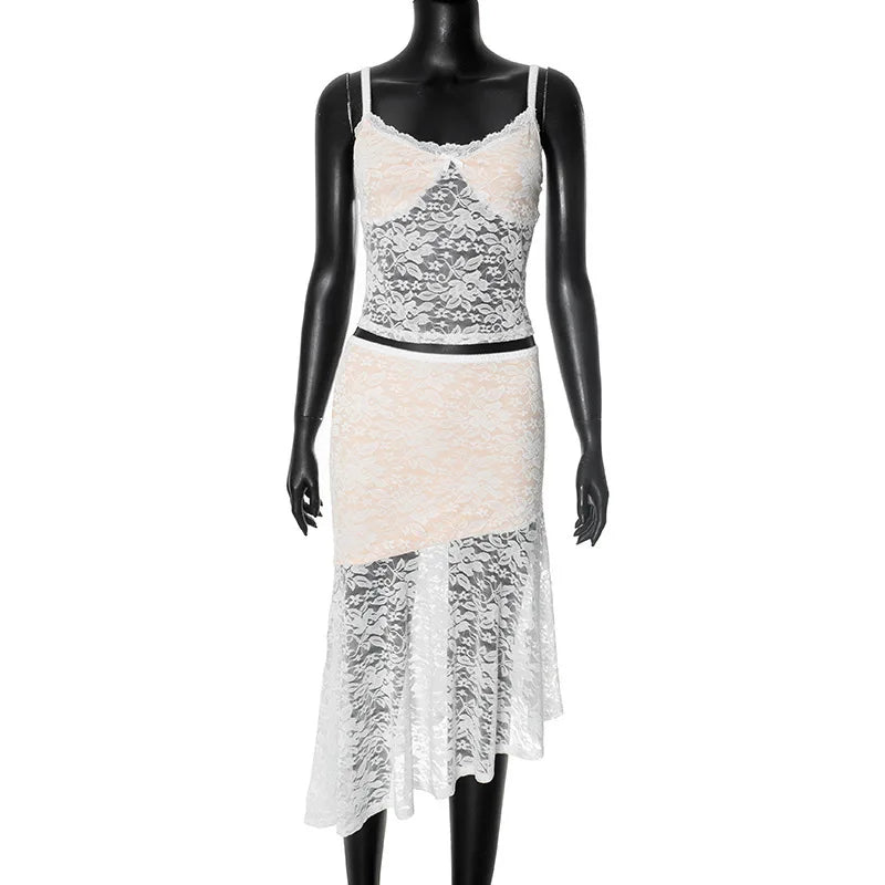 Lace Sexy Two Piece Sets Women Lace Halter Cropped Tops And Skirt Ladies Print Contrast Color Club Party 2 Piece Sets