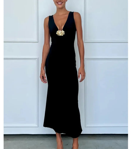 Elegant Sleeveless Metal Flower Bodycon Party Club Evening Dress Women Sexy Deep V Maxi Dress Female Slim Vestido 2025