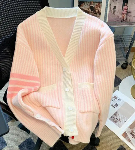 Pink Striped Single Breasted Cotton Sweater Women 2024 Autumn Winter New Blue Patchwork V-neck Knit Cardigan Tops Versatile Chic