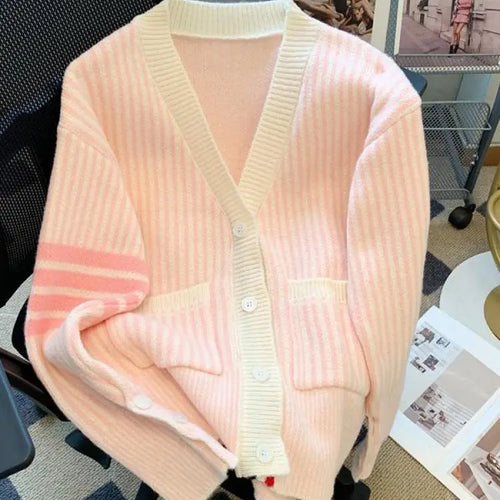 Load image into Gallery viewer, Pink Striped Single Breasted Cotton Sweater Women 2024 Autumn Winter New Blue Patchwork V-neck Knit Cardigan Tops Versatile Chic
