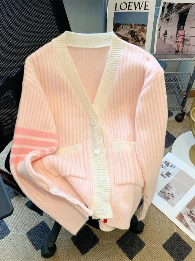 Pink Striped Single Breasted Cotton Sweater Women 2024 Autumn Winter New Blue Patchwork V-neck Knit Cardigan Tops Versatile Chic