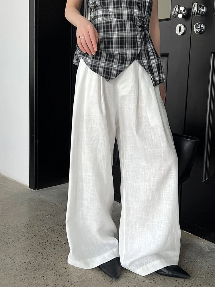 High Elastic Waist White Linen Pleated Long Wide Leg Pants New Trousers Women Fashion Tide Spring Summer 2025 1DJ1280
