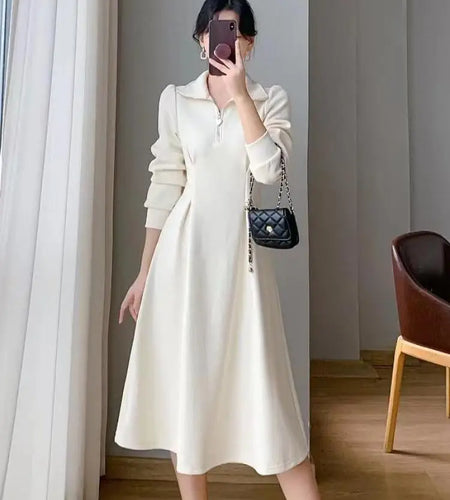 Autumn Winter French Ladies Black Elegant Long Dress White Velvet Thick Warm Long Sleeve Simple Evening Party Zipper Dress
