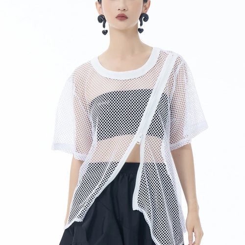 Load image into Gallery viewer, Women Black Grid Hollow Out Irregular Big Size T-shirt New Round Neck Short Sleeve Fashion Tide Spring Summer 2025 1DJ1602
