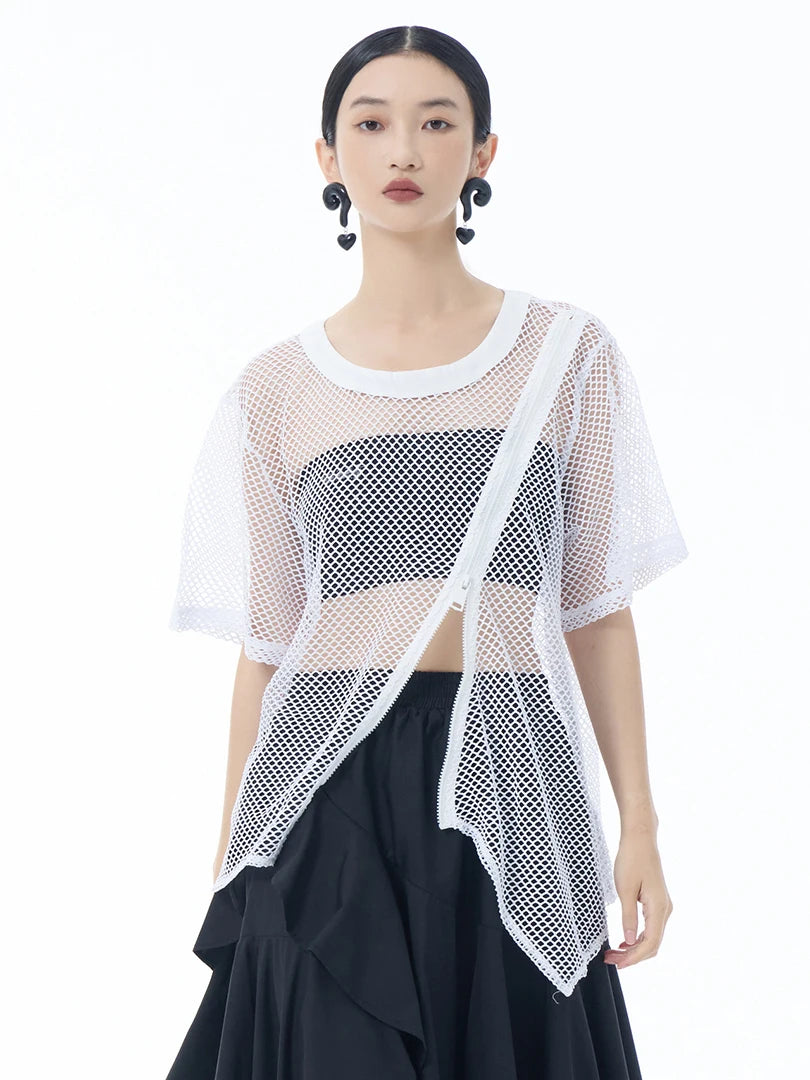 Women Black Grid Hollow Out Irregular Big Size T-shirt New Round Neck Short Sleeve Fashion Tide Spring Summer 2025 1DJ1602