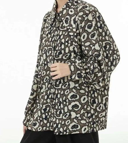 Women Black Big Size Leopard Print Blouse New Lapel Long Sleeve Loose Fit Shirt Fashion Tide Spring Autumn 2025 1DF5143