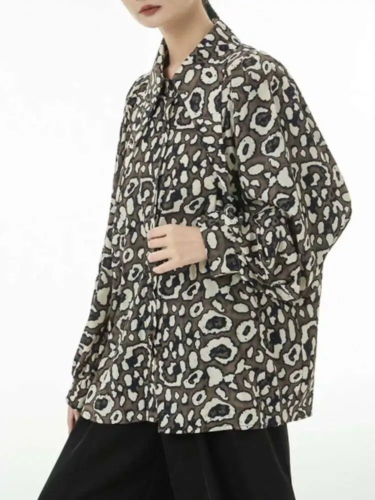 Women Black Big Size Leopard Print Blouse New Lapel Long Sleeve Loose Fit Shirt Fashion Tide Spring Autumn 2025 1DF5143